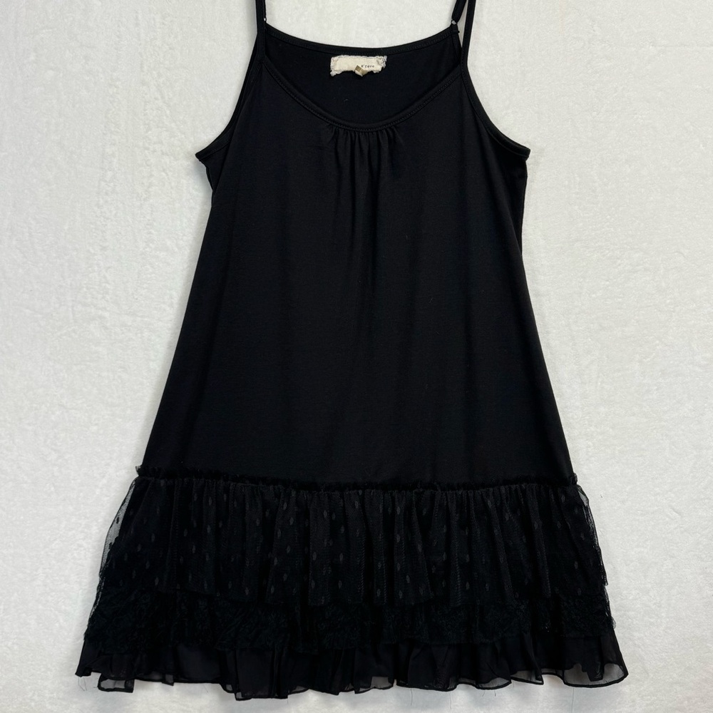 A’reve Dress Black Large Three Tier Lace Hem Spaghetti Strap Slip Dress Womens